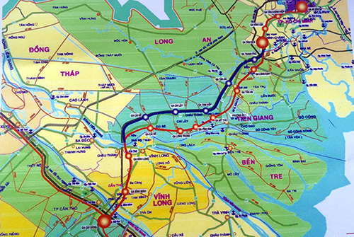Sơ đồ hướng tuyến đường sắt cao tốc TP HCM - Cần Thơ (màu đỏ) dài trên 173 km. Ảnh: Cửu Long  